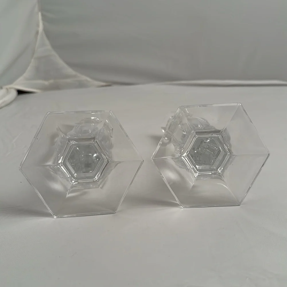 Tiffany and Co Richmond clear crystal etched logo hexagon base candle sticks